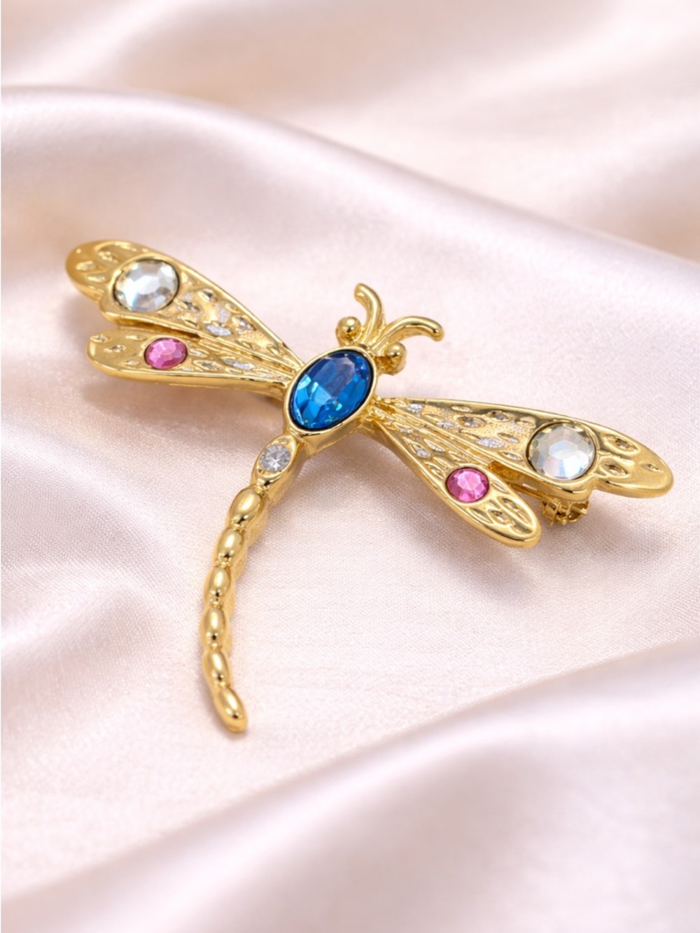 Gold-Tone Dragonfly Brooch with Blue & Pink Stones